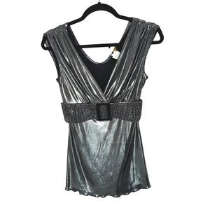Y2K Metallic Silver Beaded Buckle V Neck Women's M Top Party babydoll 90s club